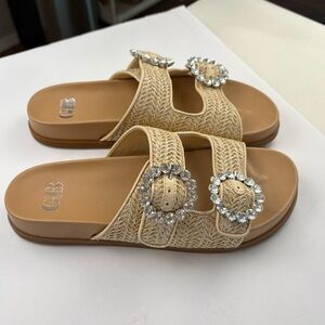 Gianni Bini Beige Rattan Sandals with Crystal Buckles